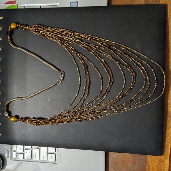 𝅺Brown Cream Neutral Tones Long Beaded Multi Strand Layered Statement Necklace - Picture 1 of 5